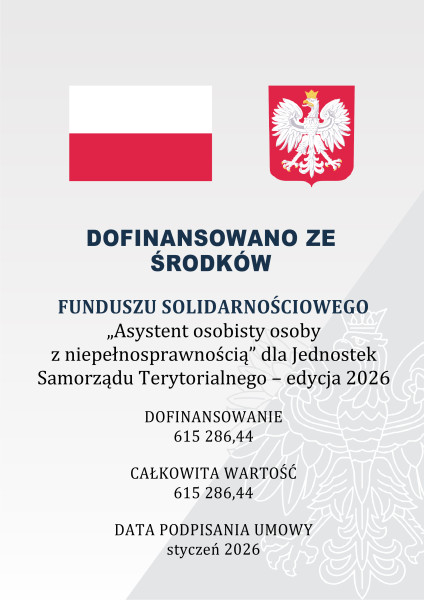 Plakat z kwotą przyznanego dofinansowania.